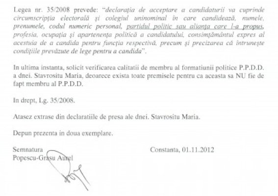 Candidatura Mariei Stavrositu, contestată - vezi document!